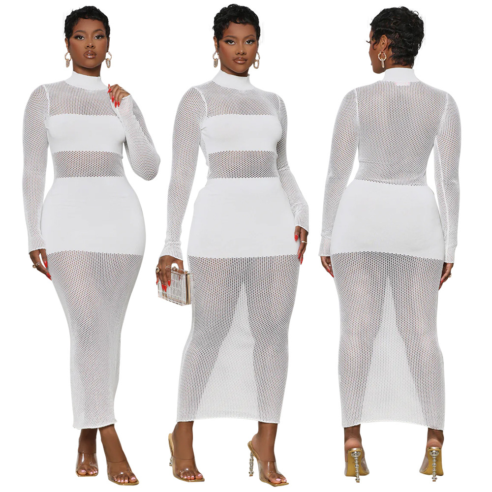 Plus Size Dress Amazon Popular Sexy Solid Color Mesh Stitching Long Sleeves Dress