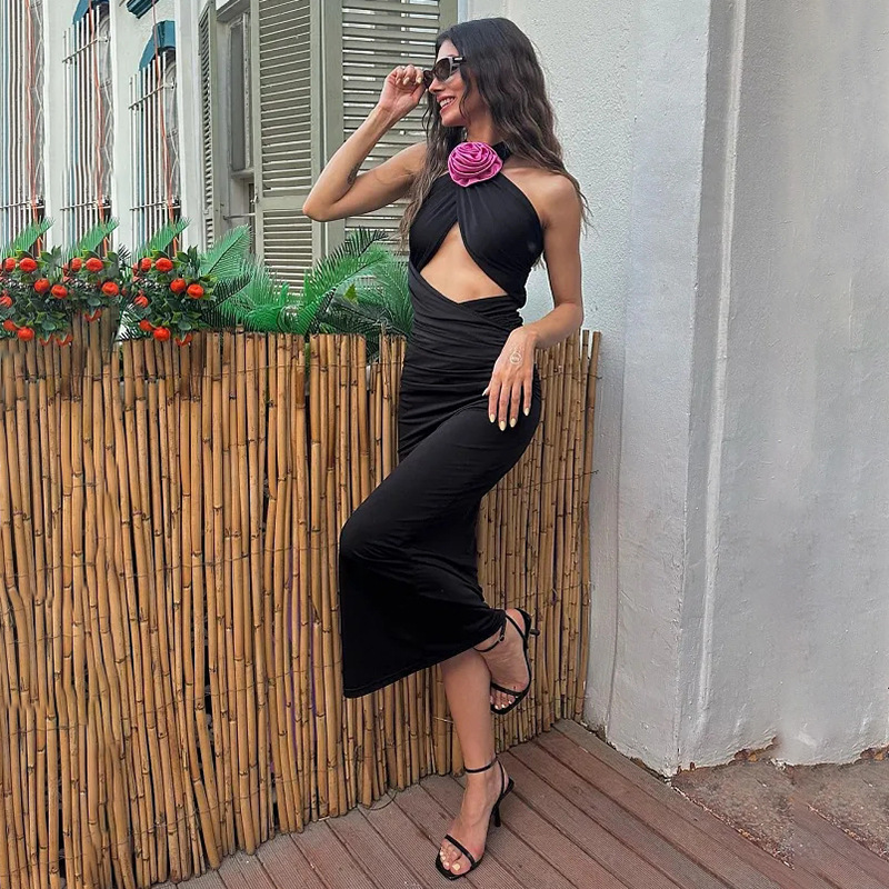 Sexy Flower Open Back Hanging Neck Strap Wrap Hip Dress