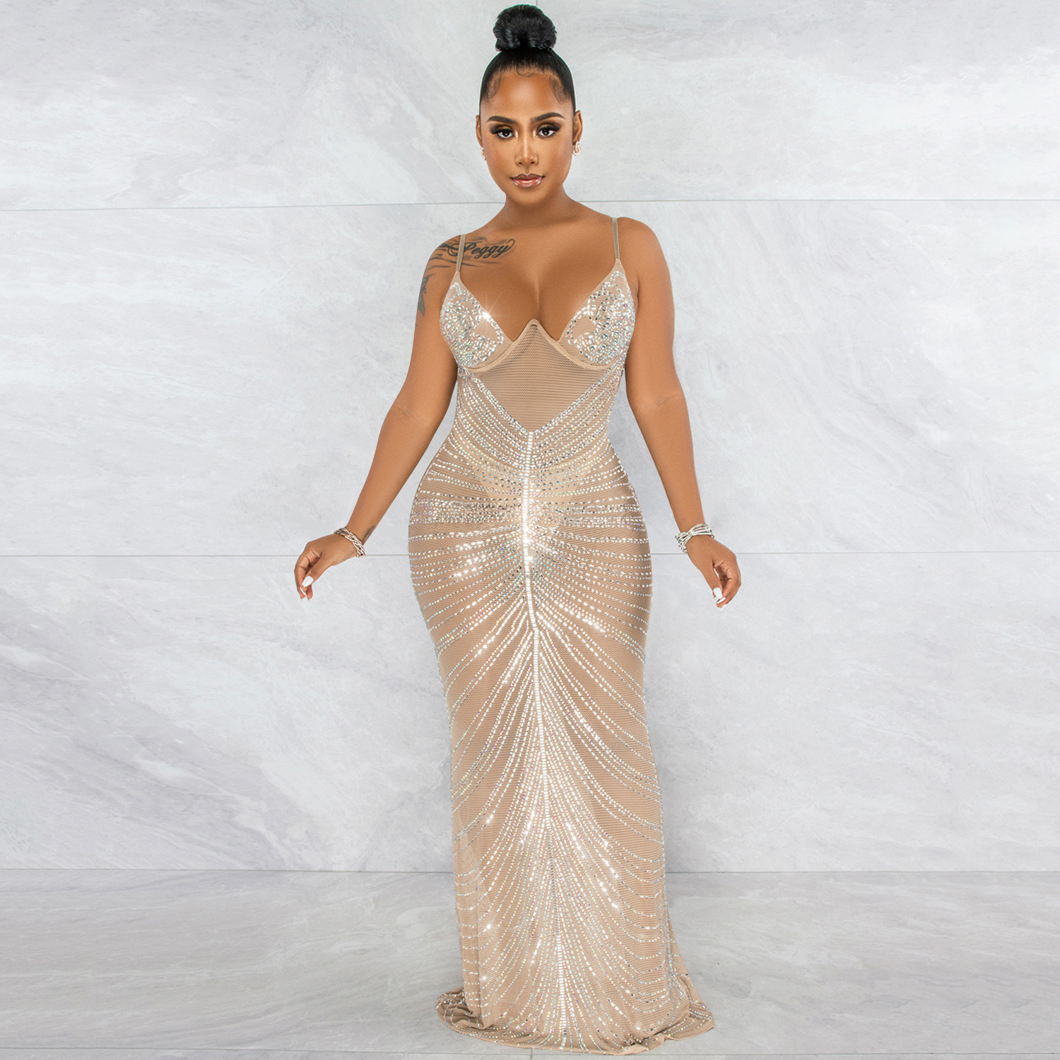 Plus Size Dress new hot rhinestone sexy spaghetti straps chest wrap mesh see-through maxi dress