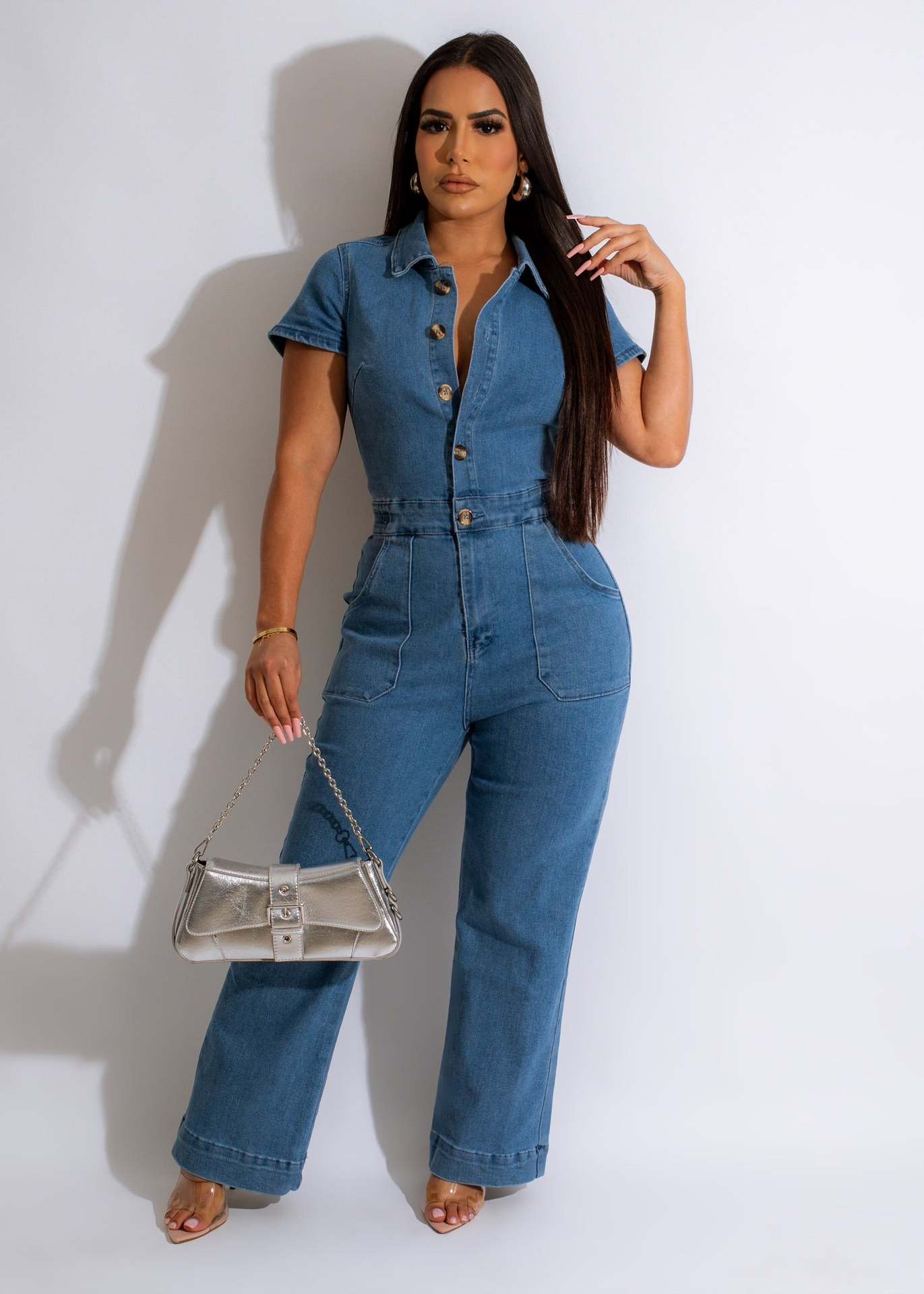 Sexy and fashionable denim jumpsuit short sleeved wide leg pants