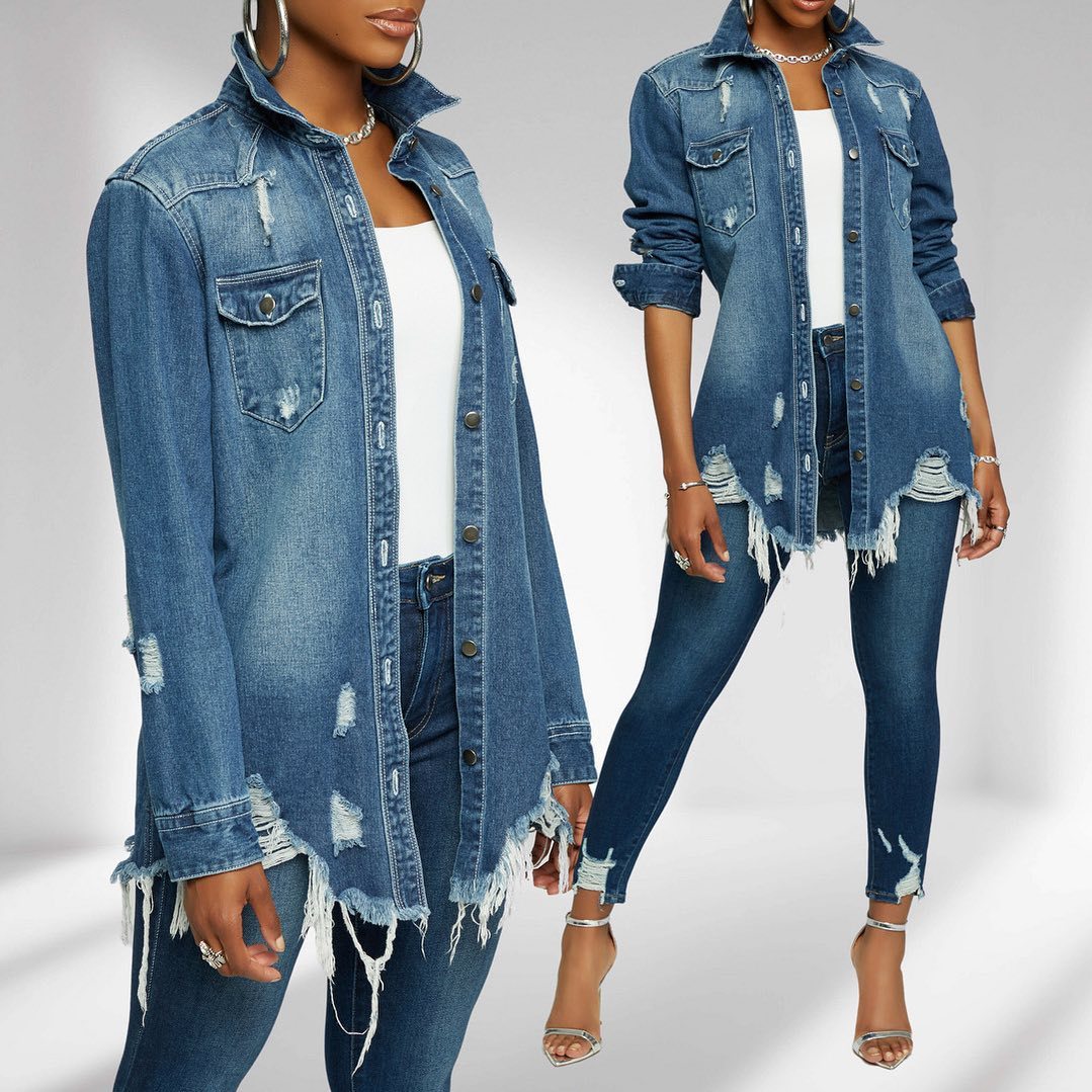Fashion torn denim two-piece set