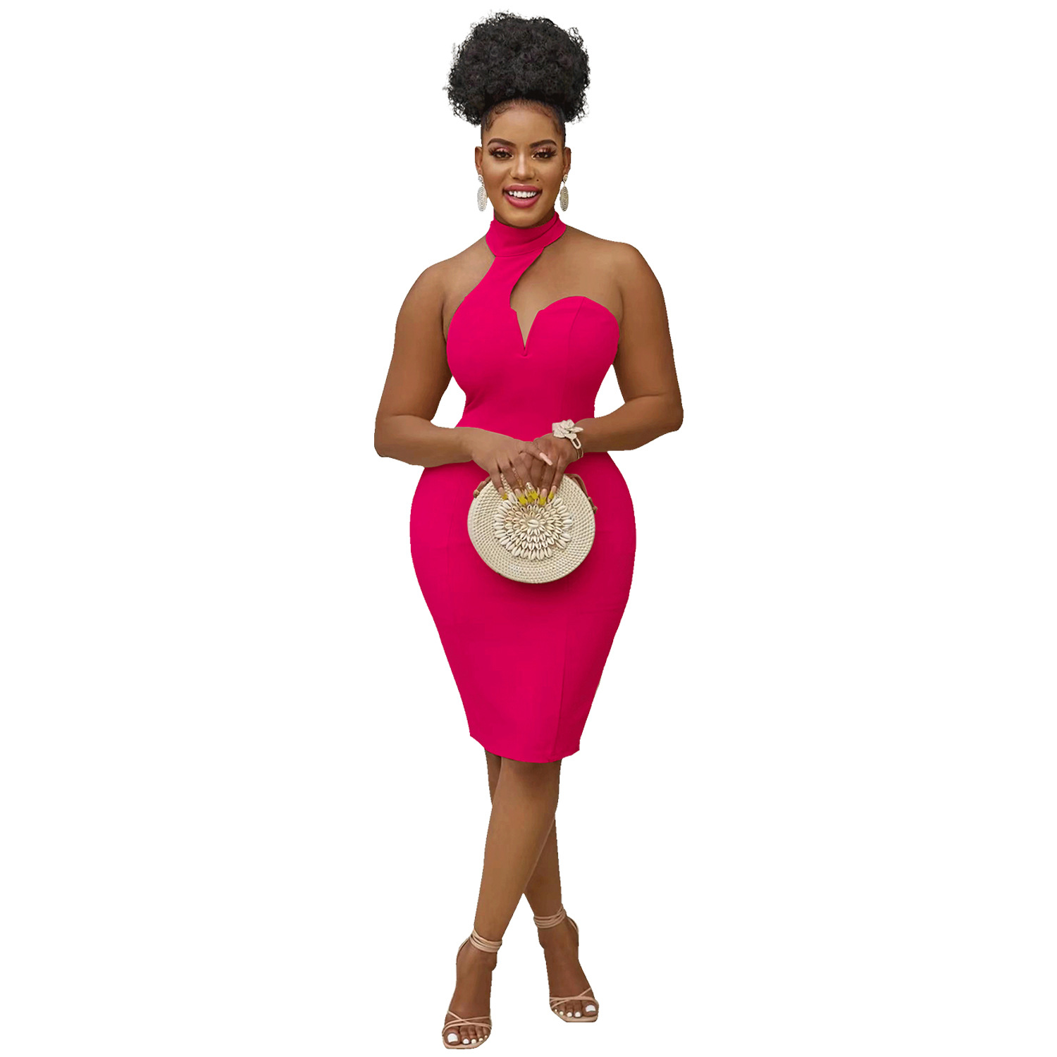 Plus Size Dress fashion pure color halter wrapped chest sleeveless cold shoulder dress