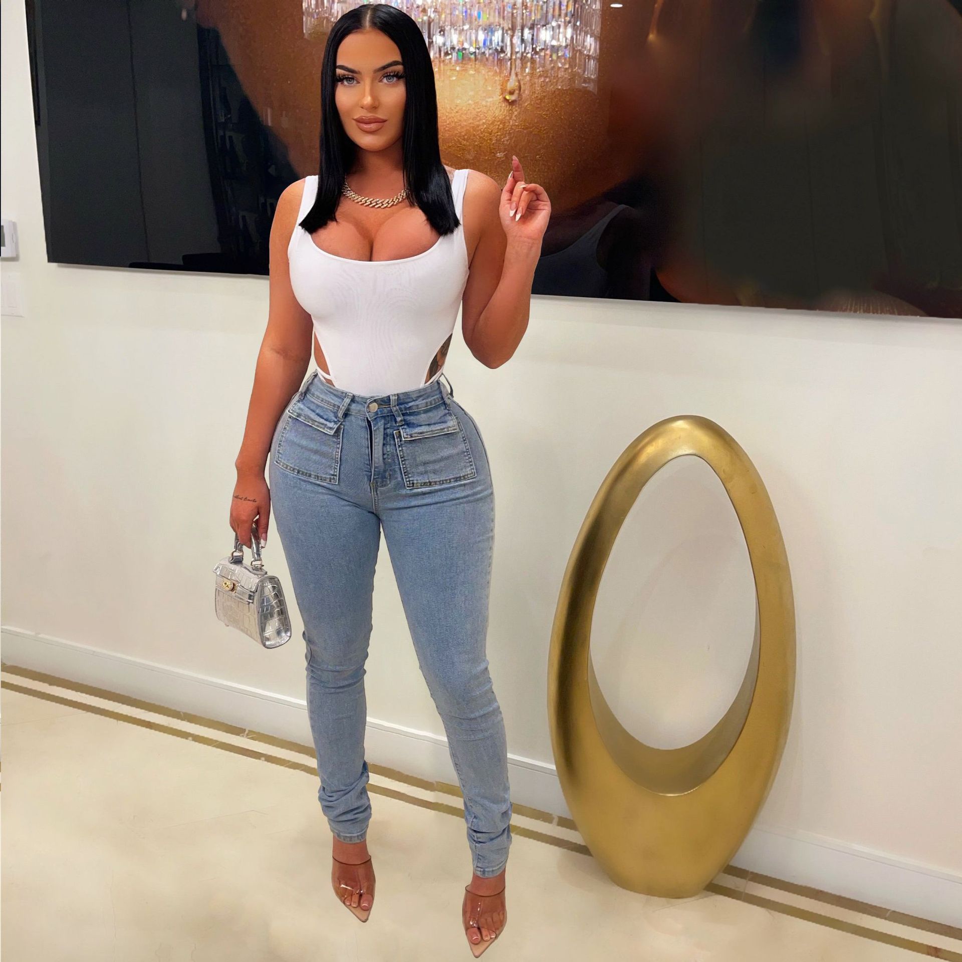 Casual distressed washed and pearl trimmed jeans