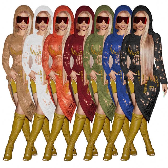 Women's casual sexy hollow-out breathable hooded dress slim knit dress