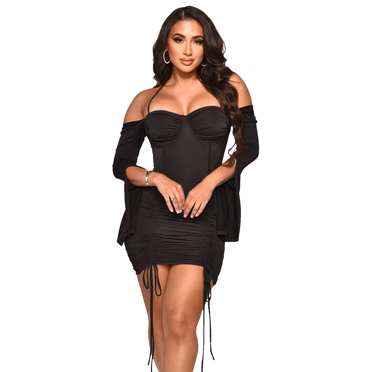 Plus Size Dress Amazon European and American fashion women lace up long sleeve skirt dress