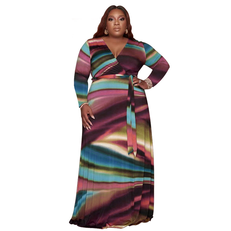 Plus Size Dress Amazon abstract printing with belt deep V neck fashion tight large size dress