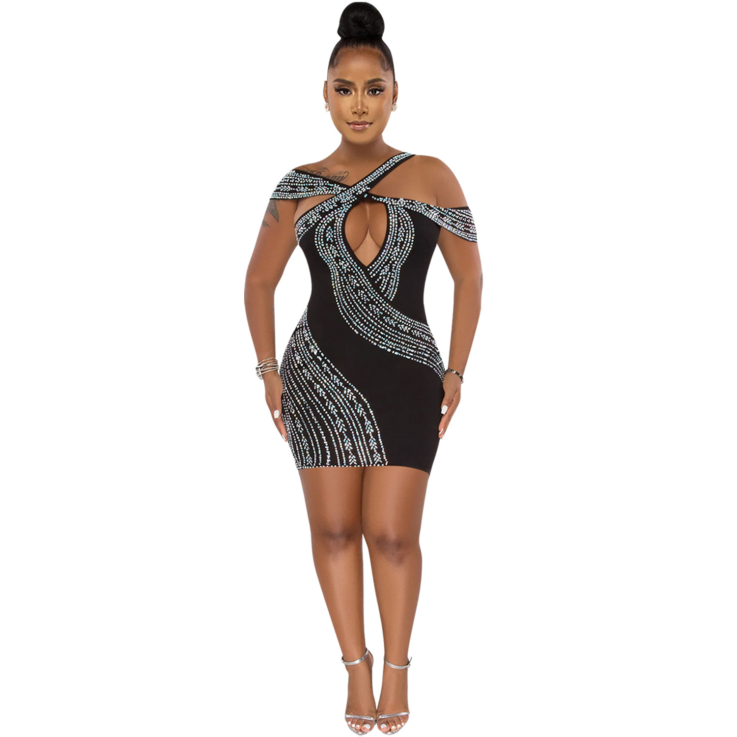 Prom Dresses 2022 fashion sexy nightclub hot rhinestone hollow midi dress