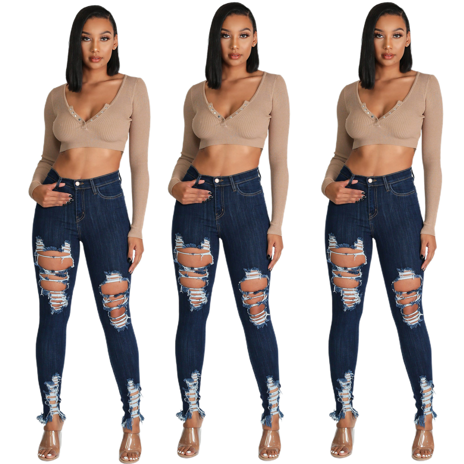 Oversized sexy high stretch perforated calf denim pants