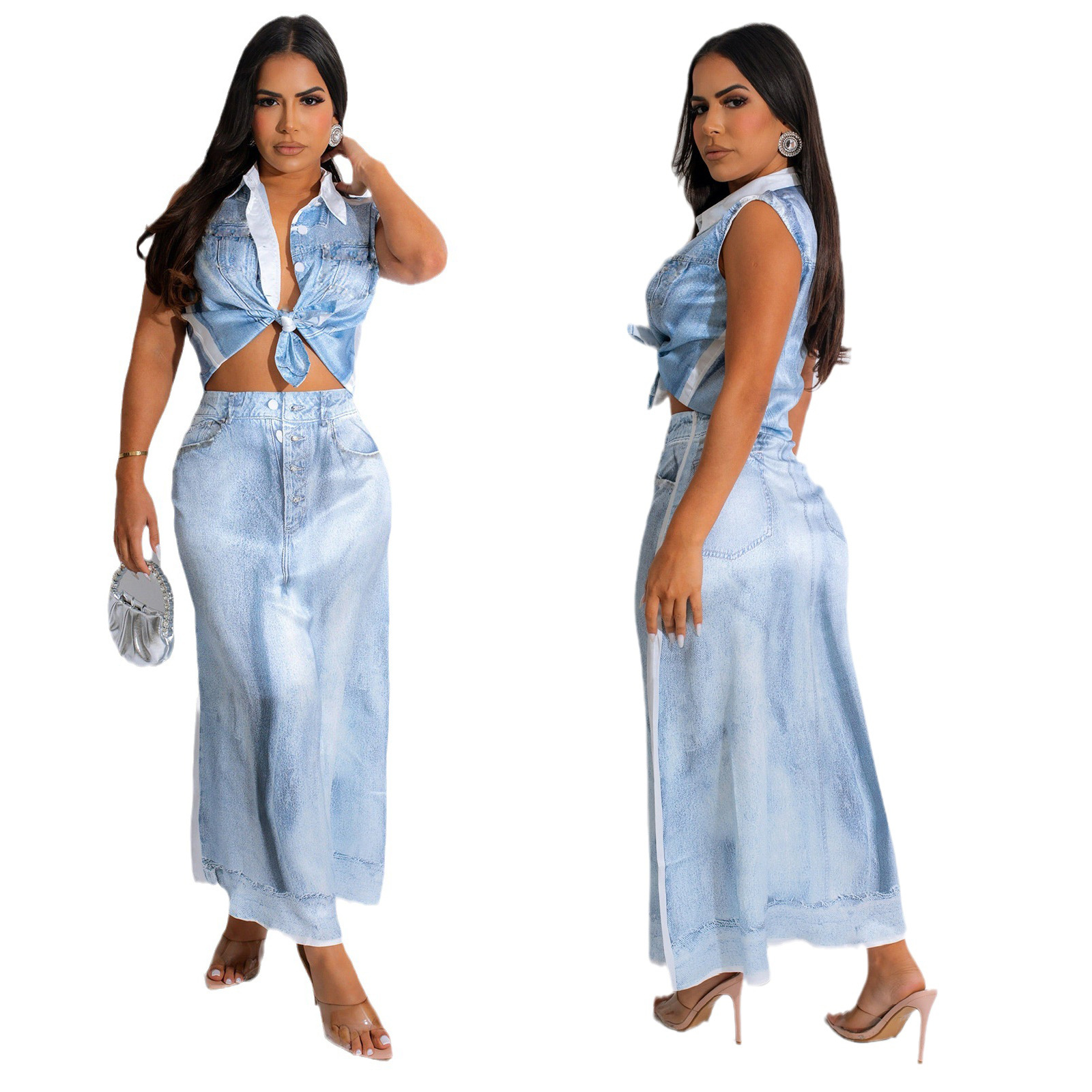 Fashion denim digital printed sleeveless shirt collar skirt set