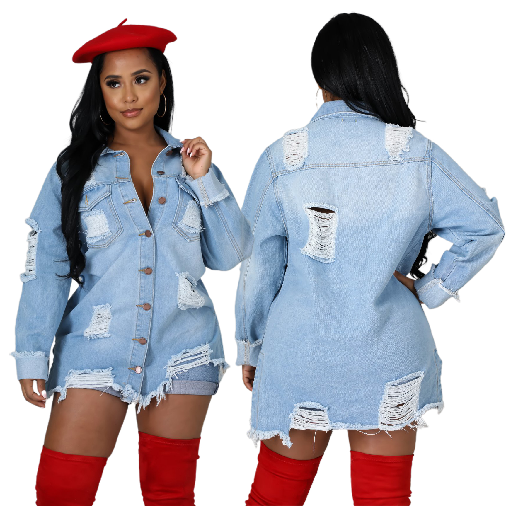Long denim windbreaker coat