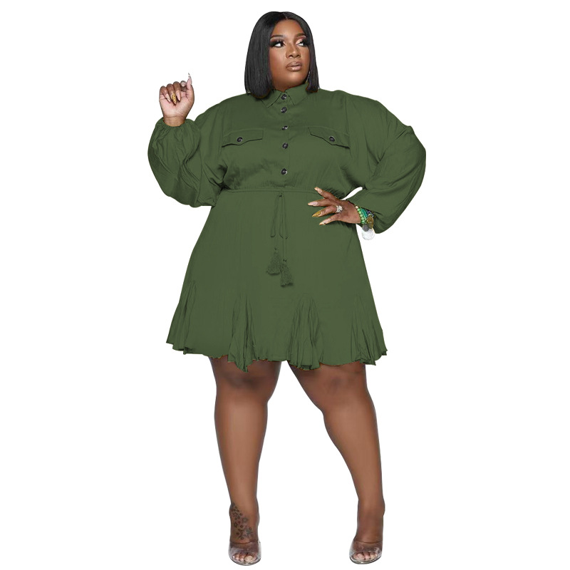 Plus Size Dress Amazon Autumn and Winter New Solid Colored Lapel Fashion Sexy Big Swing Dress Large Size Women Dress