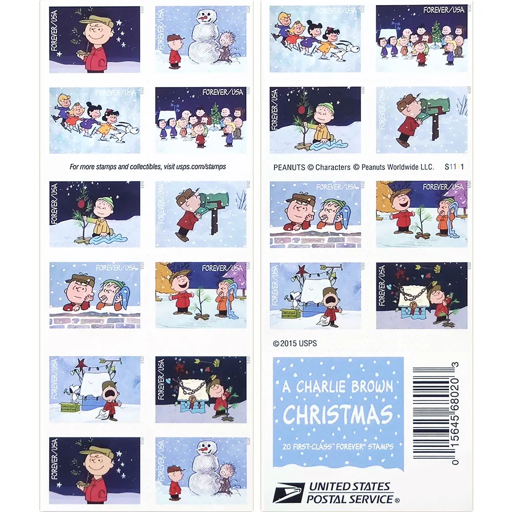 【US Free Shipping】100 Pcs-1000Pcs Charlie Brown Christmas 2015 - Sheet of 20