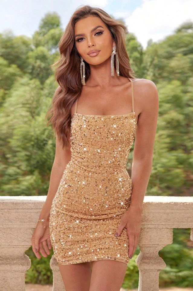 Women's Sequined Lace-Up Backless Mini Dress