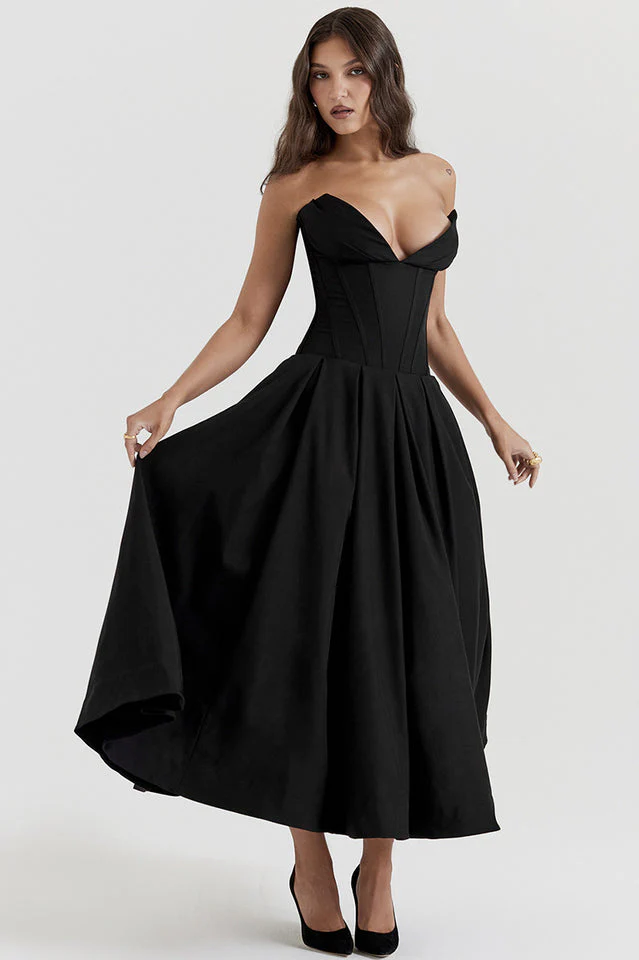Women's Lady Black Strapless Midi Dress