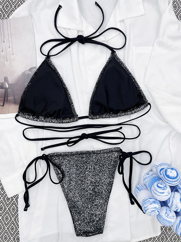 Women's Metallic Black Lace Up Bikini Set