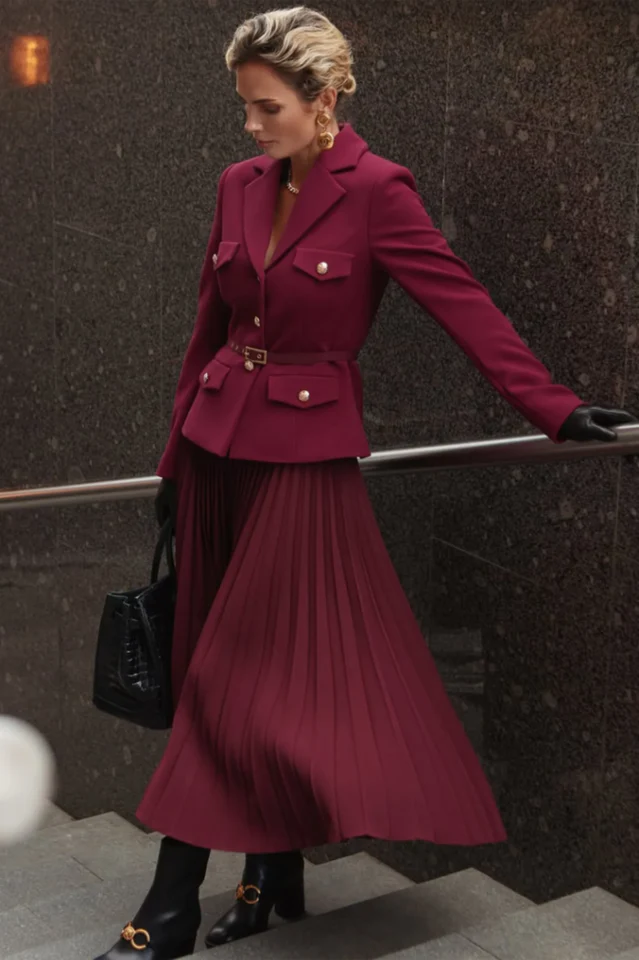 Women's Florence Belted Blazer Pleated Skirt Set