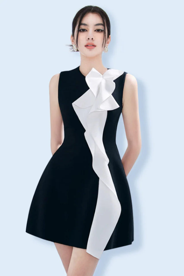 Women's Contrast Color Patchwork Ruffle Mini Dress