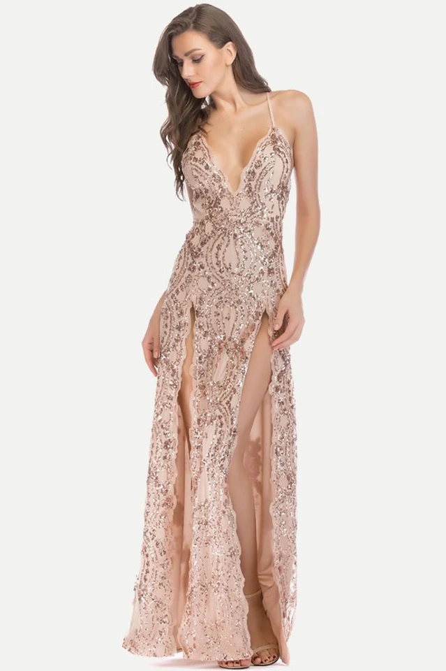 Women's Sequin Slit Glitter Maxi Evening Party Dress