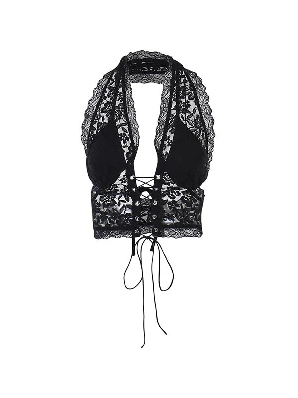 Women's Tie Front Lace Halter Tank Top