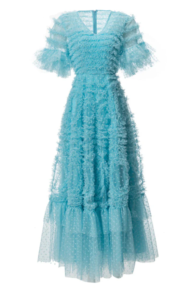 Women's Ruffle Tiered Spotted Tulle Maxi Dress
