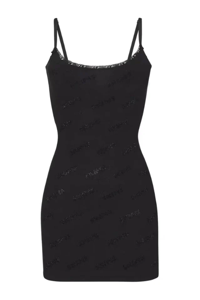 Women's Rhinestone Logo Pointelle Mini Slip Dress