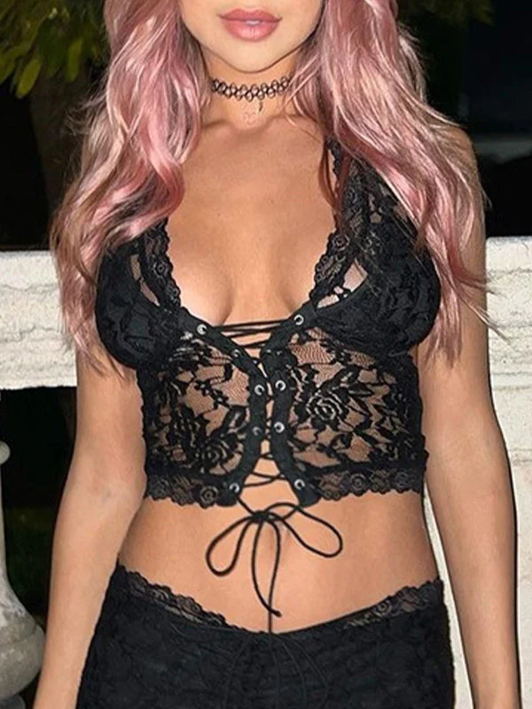 Women's Tie Front Lace Halter Tank Top