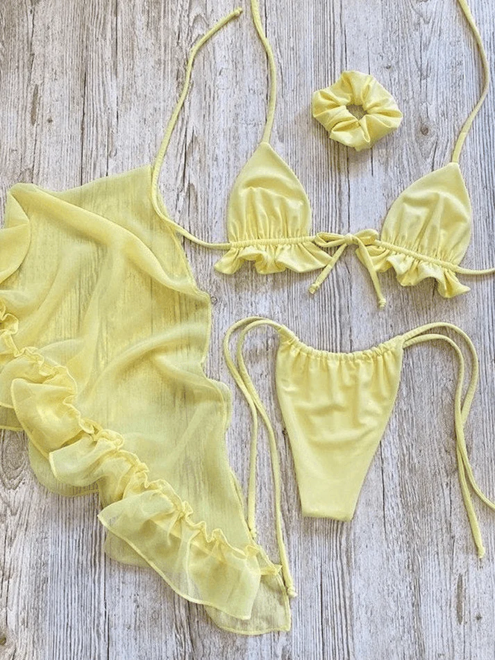 Women's Lace-Up Ruffle Three Piece Swimsuits