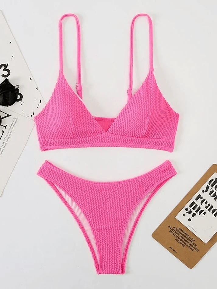 Women's V Neck Solid Smocked Bikini Set