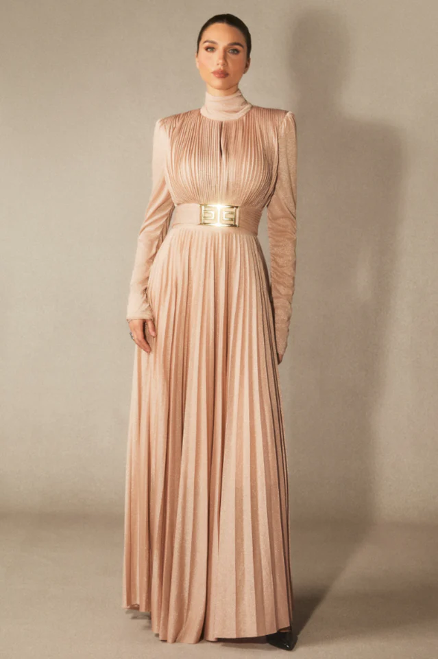 Women's Elsie Metallic Pleated Belted Maxi Dress