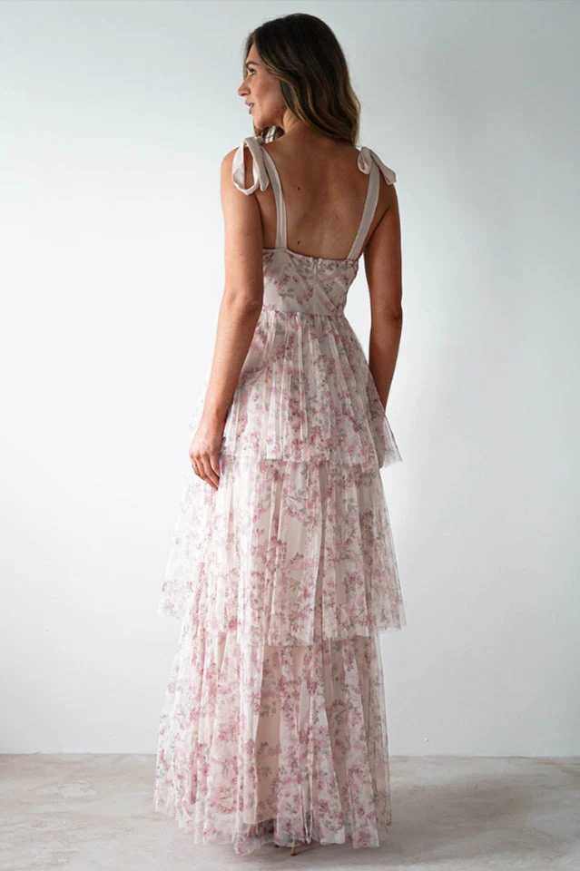 Women's Tie Up Floral Print Tiered Maxi Dress