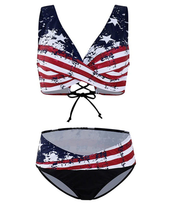 Women's Star And Stripe Print Cross Bandage High Waist Bikini