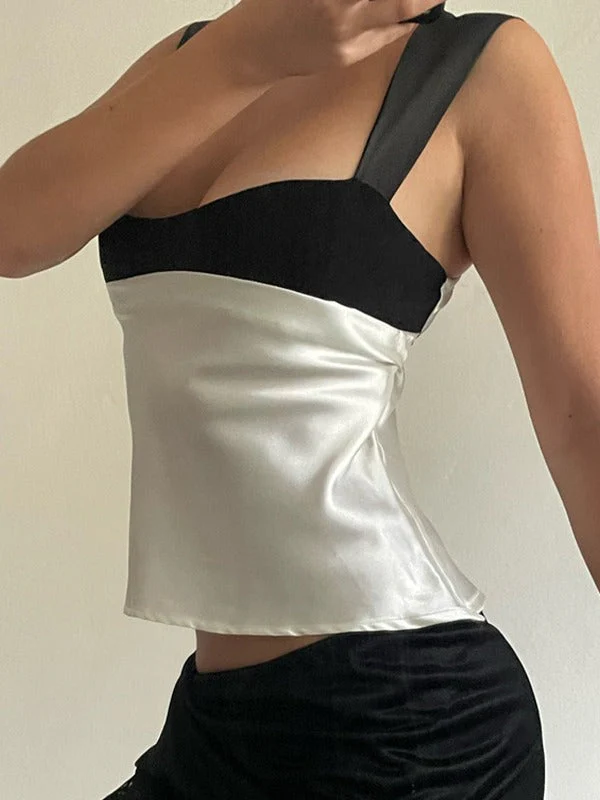 Women's Tie Back Patchwork Satin Tank Top