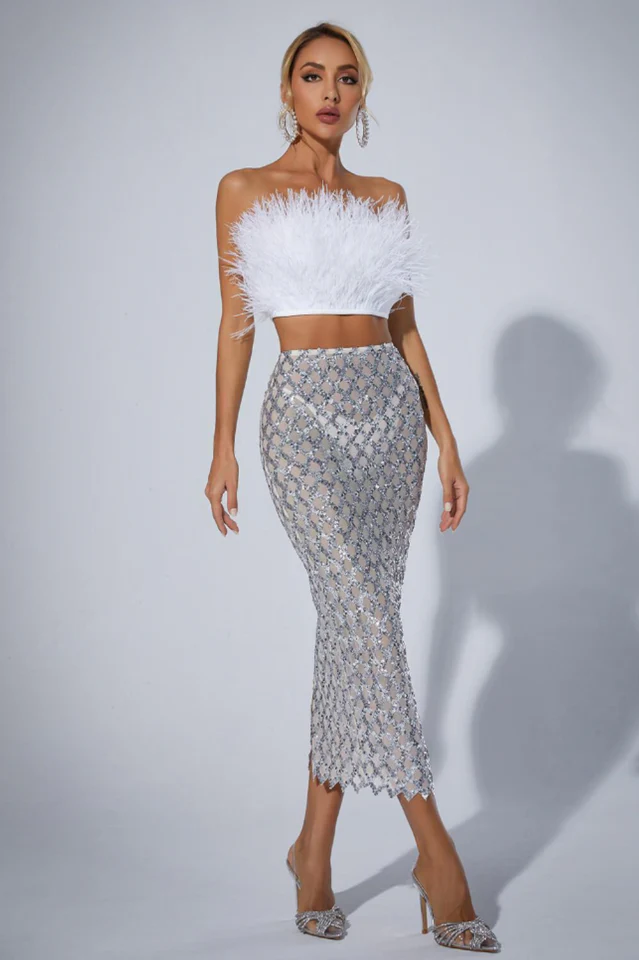 Women's Ansley Strapless Feather Mesh Skirt Set
