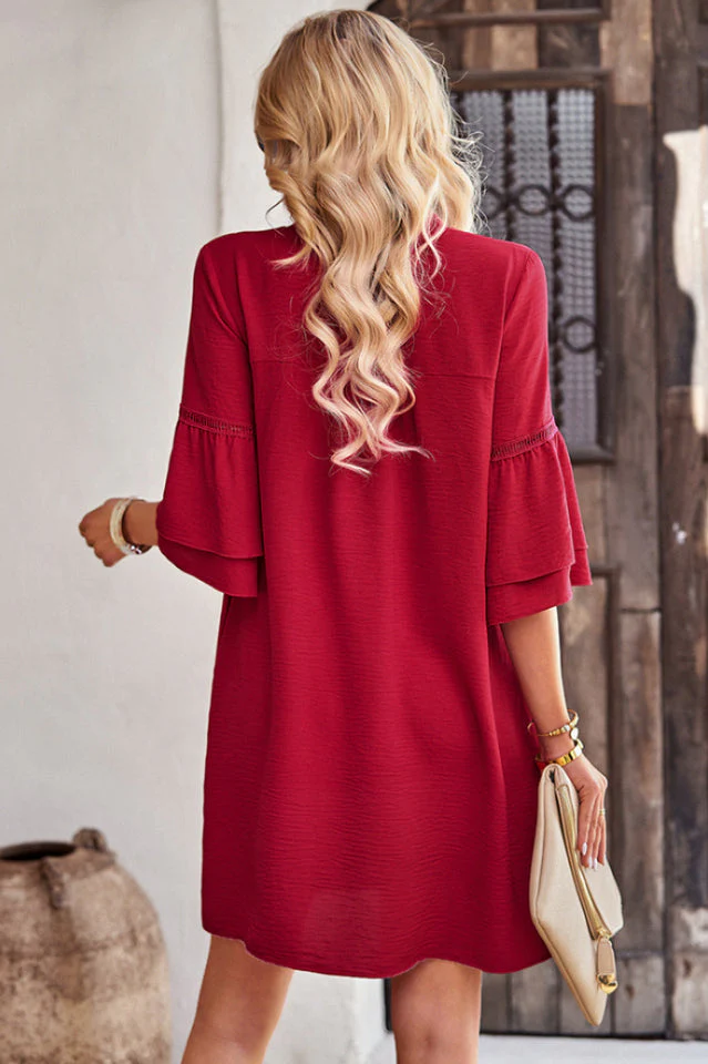 Women's Notched Neck Flare Sleeve Pocket Dress