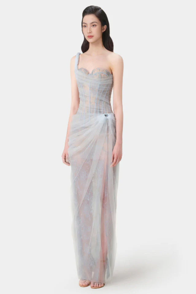 Women's One Shoulder Lace Corset Maxi Dress