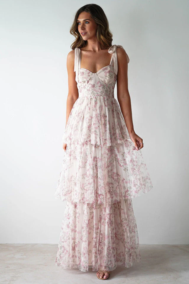 Women's Tie Up Floral Print Tiered Maxi Dress