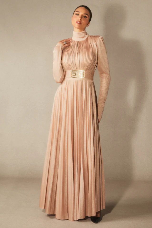 Women's Elsie Metallic Pleated Belted Maxi Dress