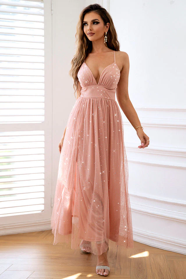 Women's Rhinestone Ruched Split Thigh Cami Formal Dress