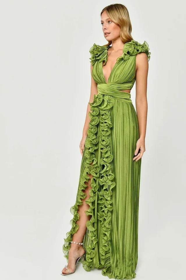 Women's V-Neck Cut-Out Pleated Split Maxi Dress