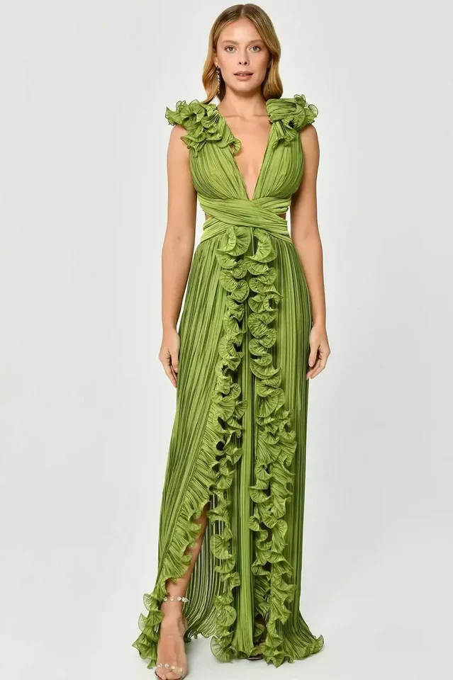 Women's V-Neck Cut-Out Pleated Split Maxi Dress