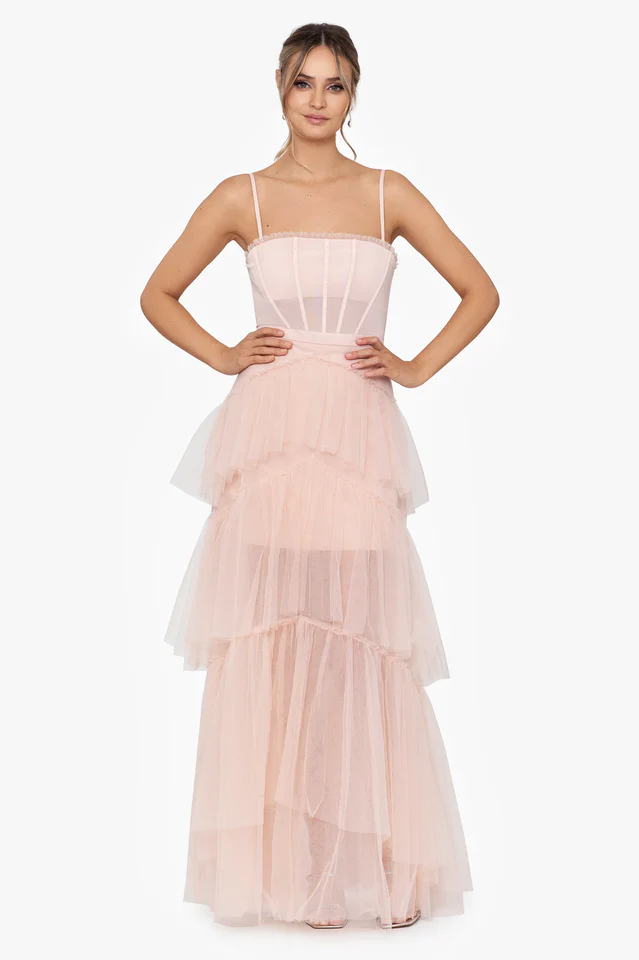 Women's Jasmine Long Spaghetti Strap Mesh Corset Gown