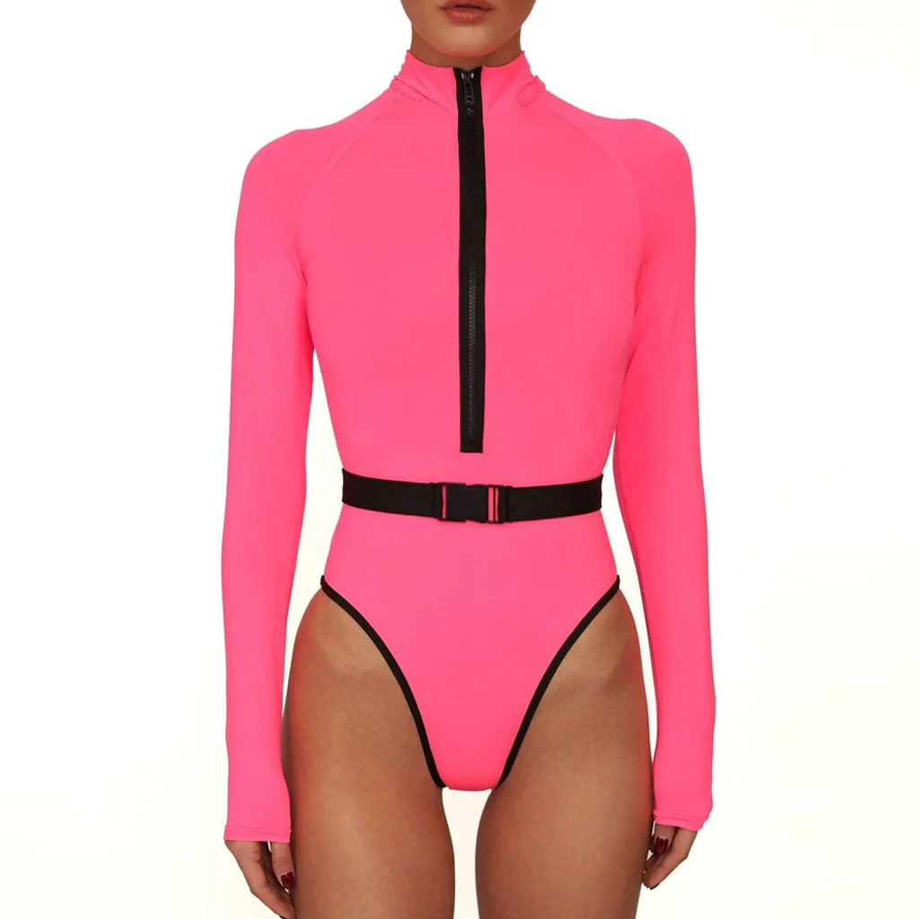Women's Contrast Long Sleeve Rash Guard One Piece Swimsuit