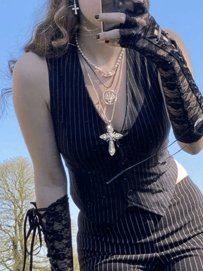 Women's V Neck Pinstriped Button Corset Top