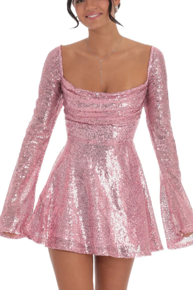 Women's Sequin Flare Dress in Rose Gold
