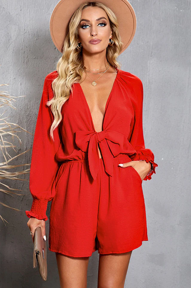 Women's Tied Flounce Sleeve Plunge Romper