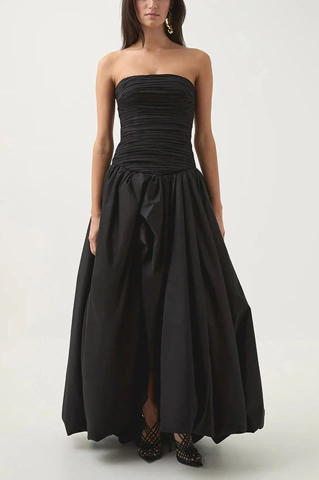 Women's Strapless Ruched Puff Maxi Dress