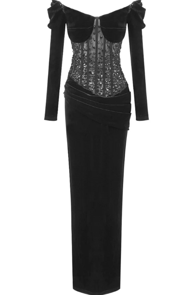 Women's Crystal Corset Maxi Velvet Dress