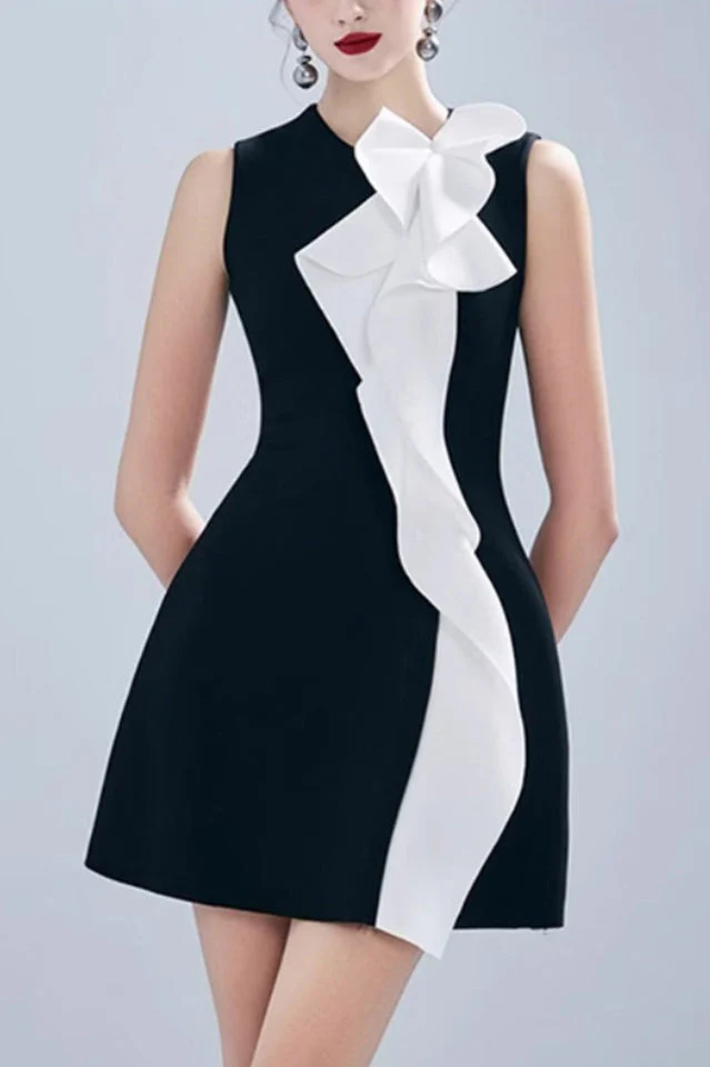 Women's Contrast Color Patchwork Ruffle Mini Dress