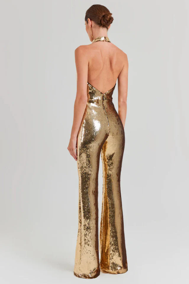 Women's Halter Draped Sequin Jumpsuit