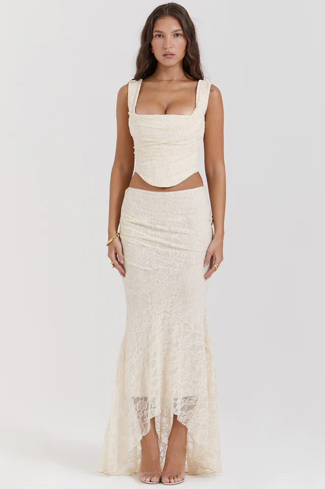 Women's Vintage Cream Corset + Lace Skirt Set